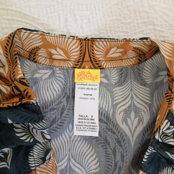 Agua Bendita Womens Boho Romper With Belt Peacock Feather Print Cotton Size M - Picture 3 of 11